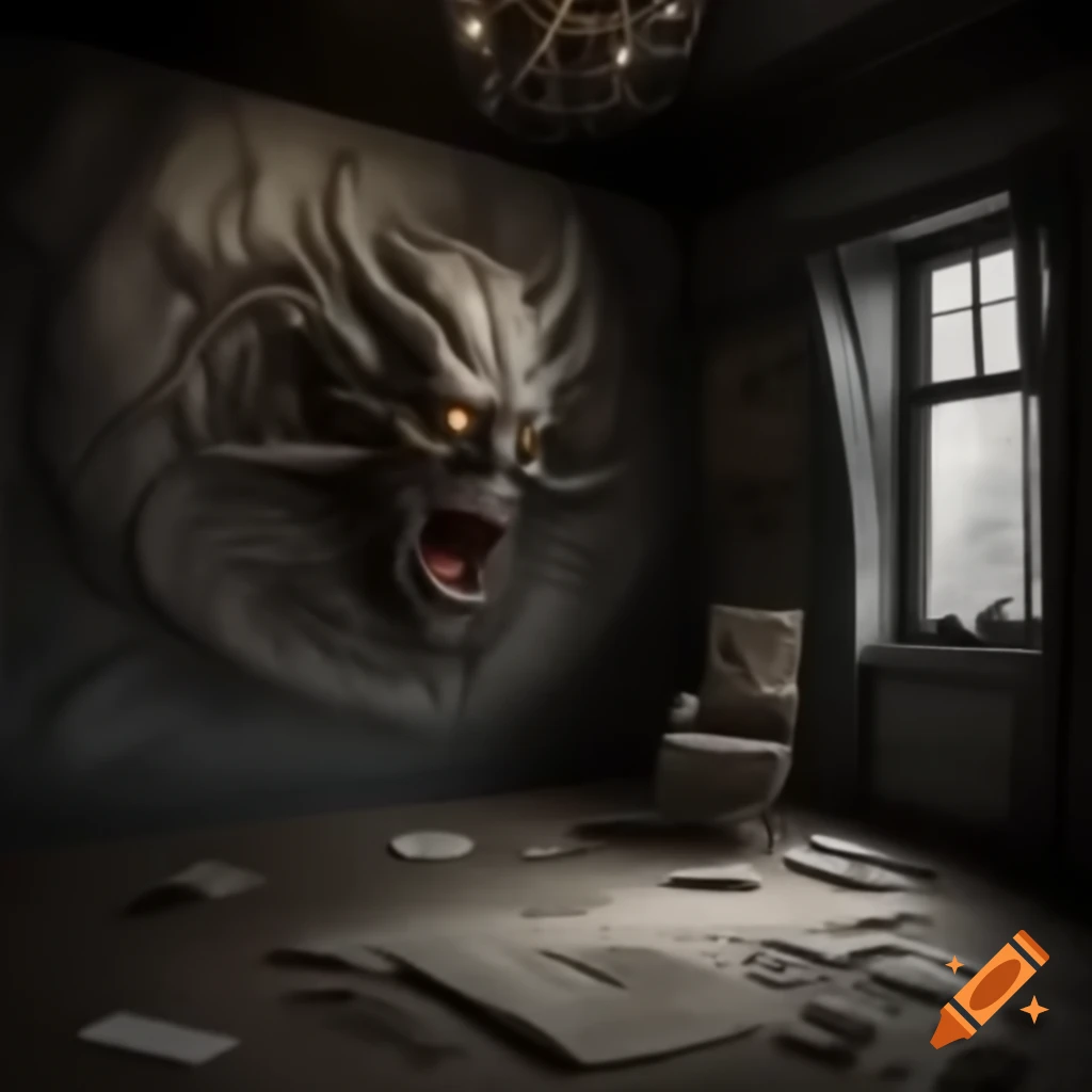 Scary house with large room featuring demonic drawings on walls