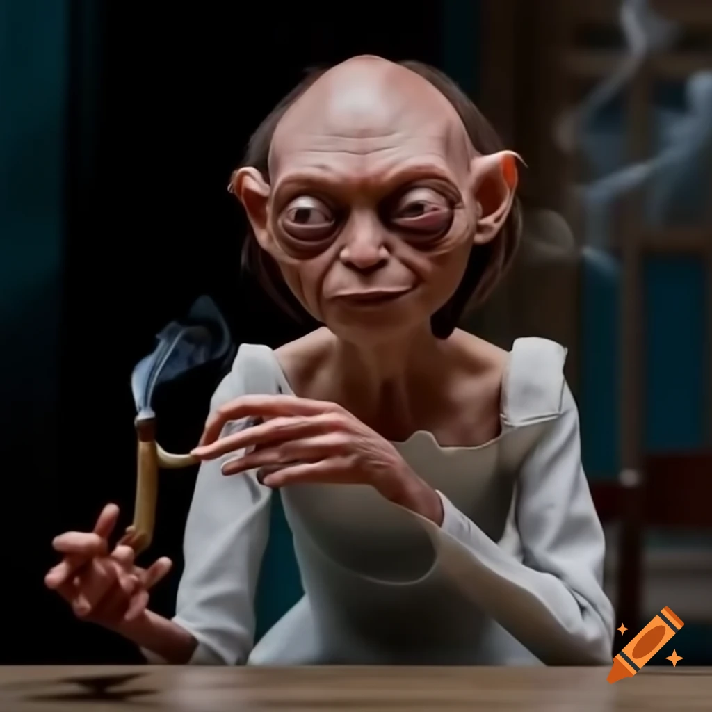 Gollum in bridal dress smoking pipe, humorous depiction