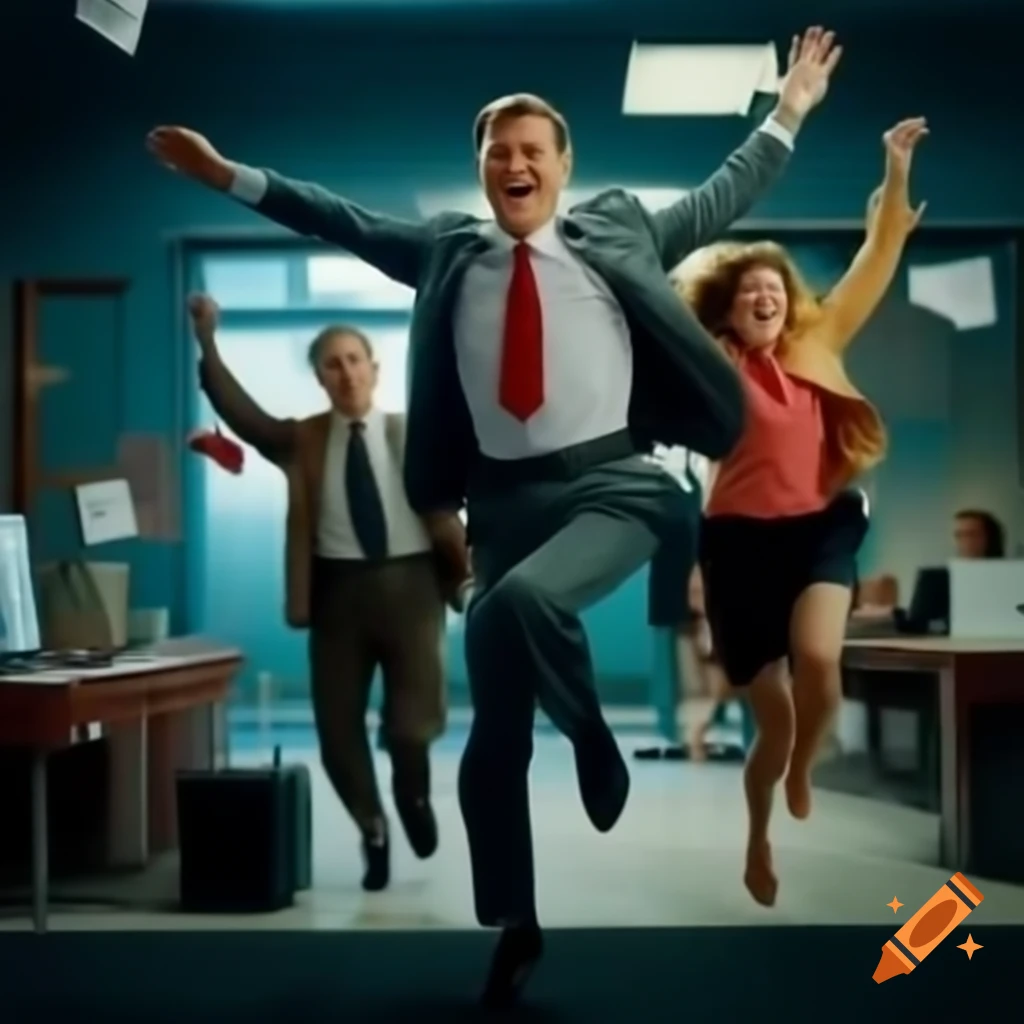 2000s style movie poster featuring happy office workers jumping