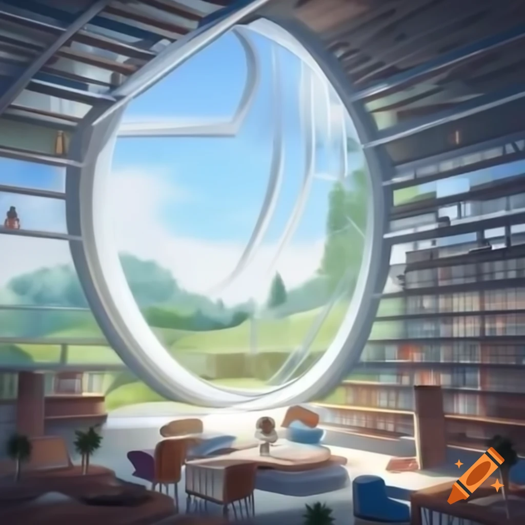 Futuristic library with outdoor landscape, books, and paintings