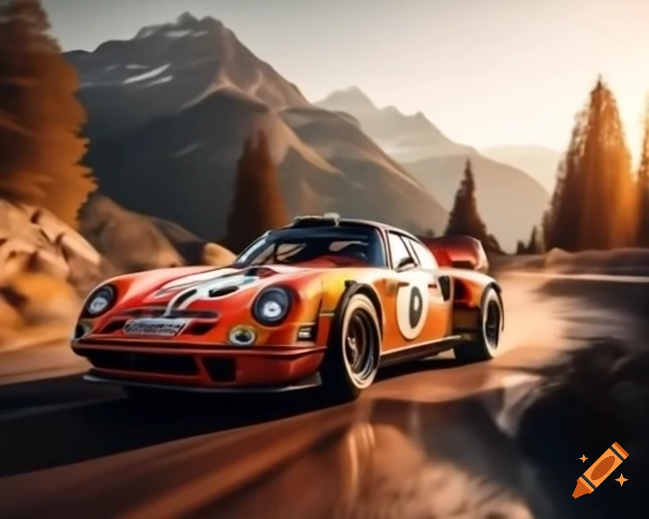 Porsche 917 drifting on winding road during red sundown, detailed painting
