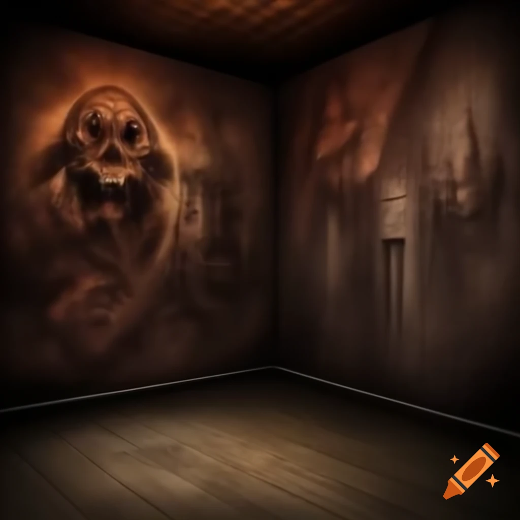 Realistic scary house interior with demonic drawings on walls