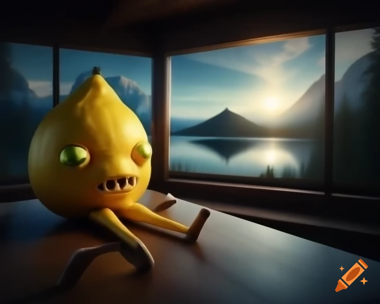 Closeup of surreal Lemon Monster sculpture with human features in forest setting