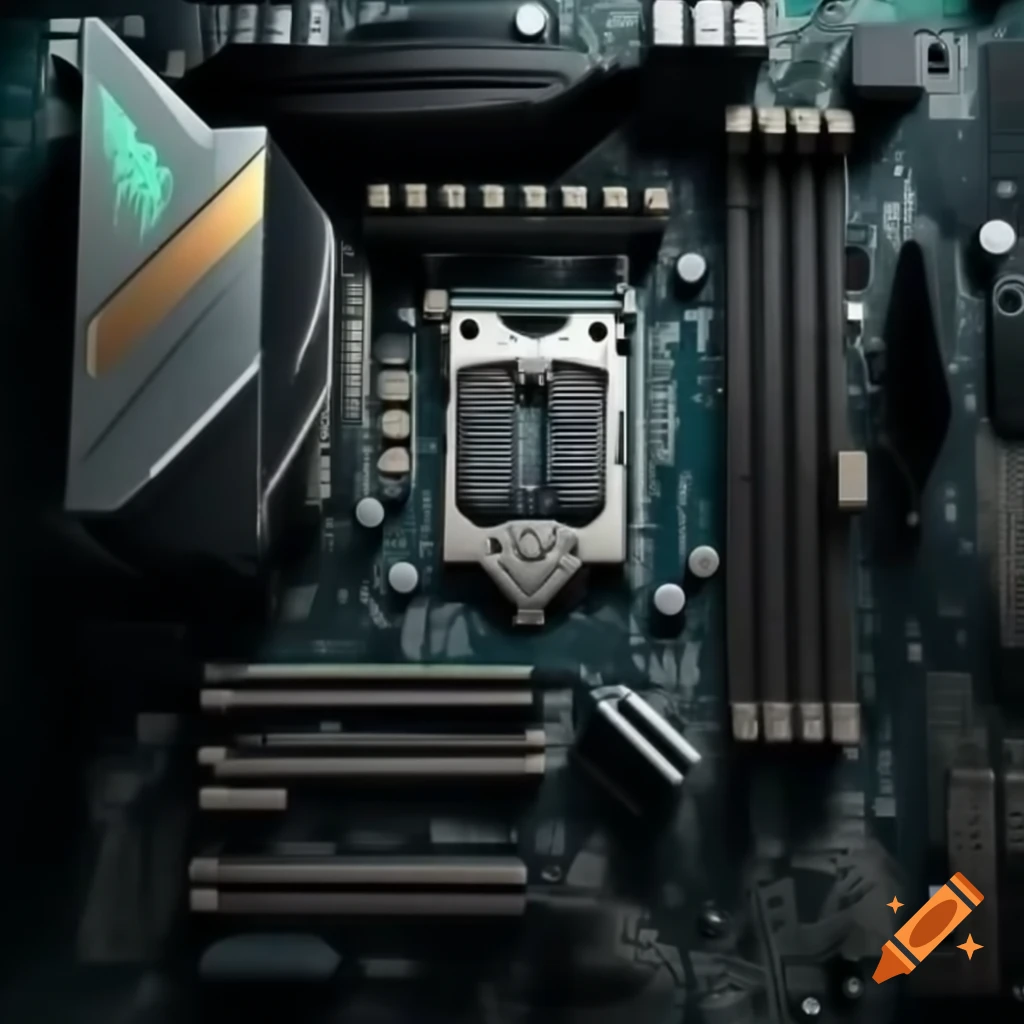 Close-up of a computer motherboard with intricate circuitry