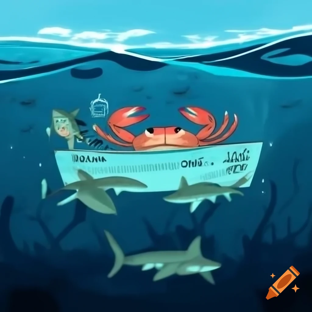 crab-inside-small-boat-in-ocean-with-sharks-labeled-tck-on-craiyon