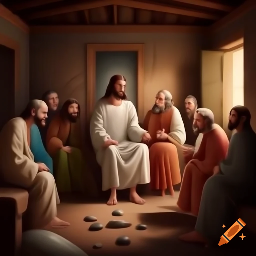 Jesus conversing with disciples in a warm cartoon-style wooden house