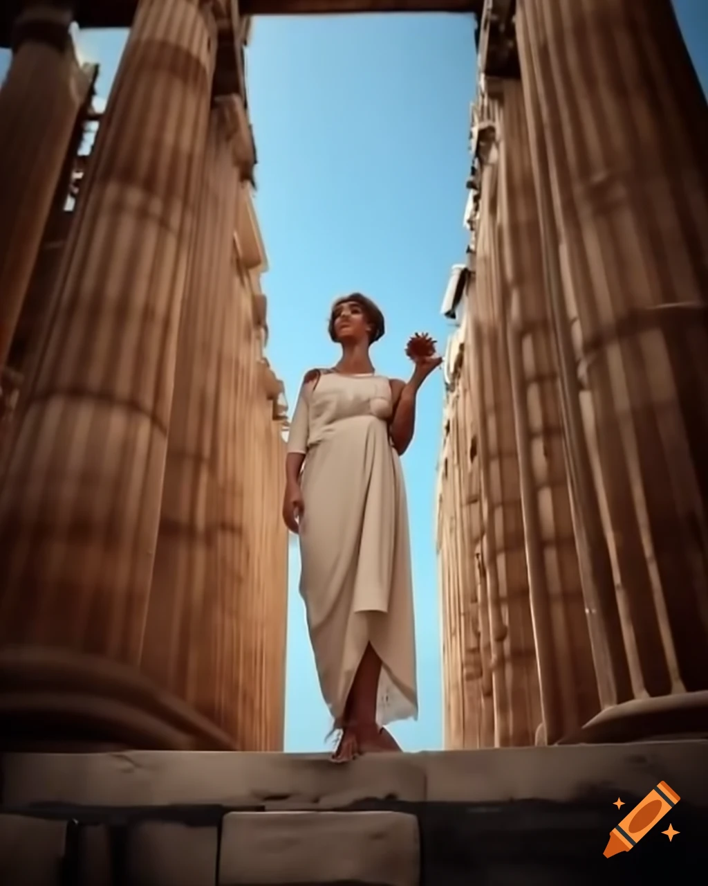 Young woman in toga at Greek temple holding apple