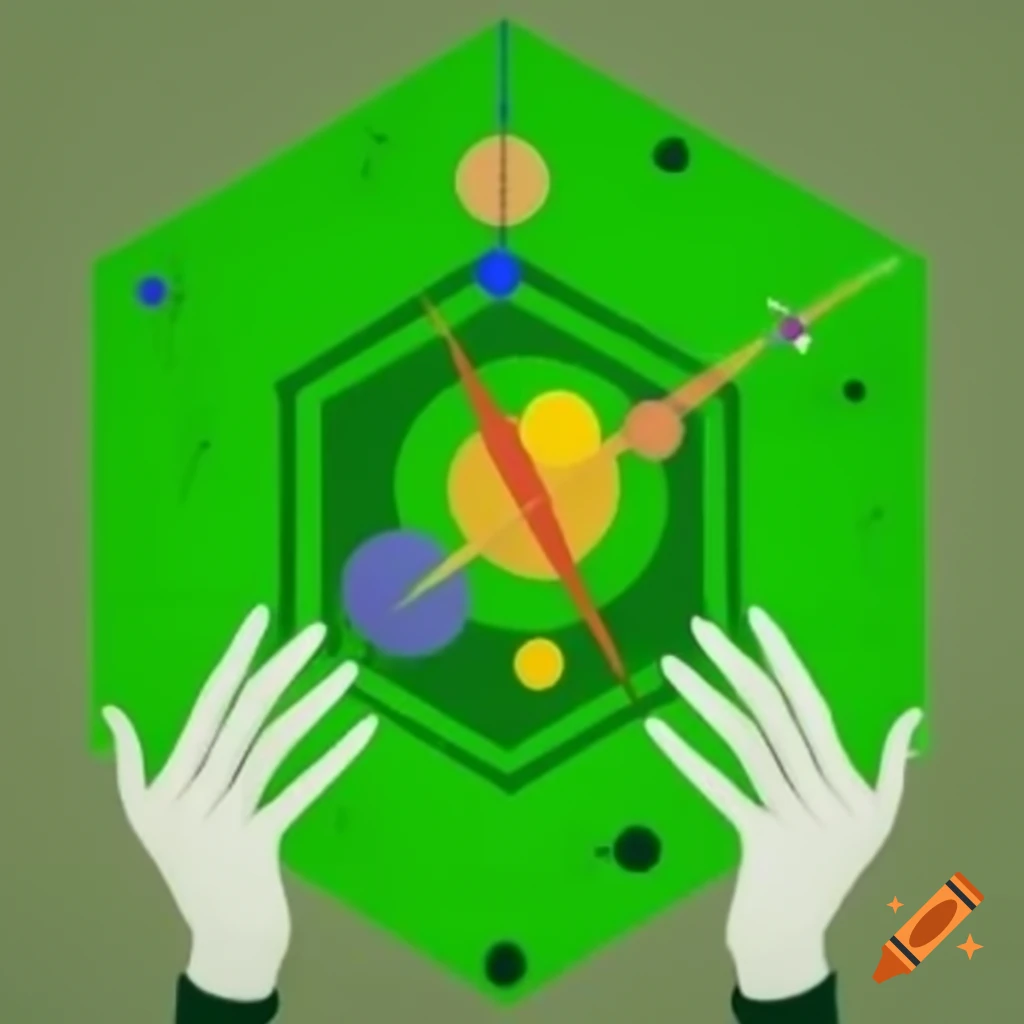 Abstract digital art featuring green hexagonal shape with hands holding star object, inspired by Kandinsky and Karel Appel