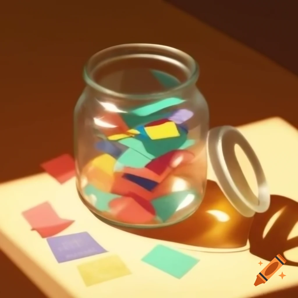 Glass jar filled with colorful handwritten notes illuminated by sunlight