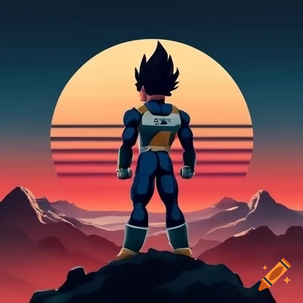 80's style rock album cover featuring Vegeta on mountain at sunset