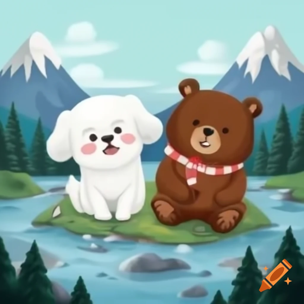 Cute white dog and brown bear in mountains by river in Christmas setting