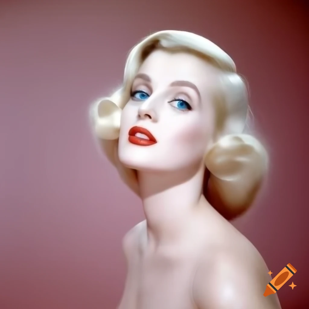 Hyper-realistic photograph of a charming European actress from 1963 with porcelain skin and wavy golden hair
