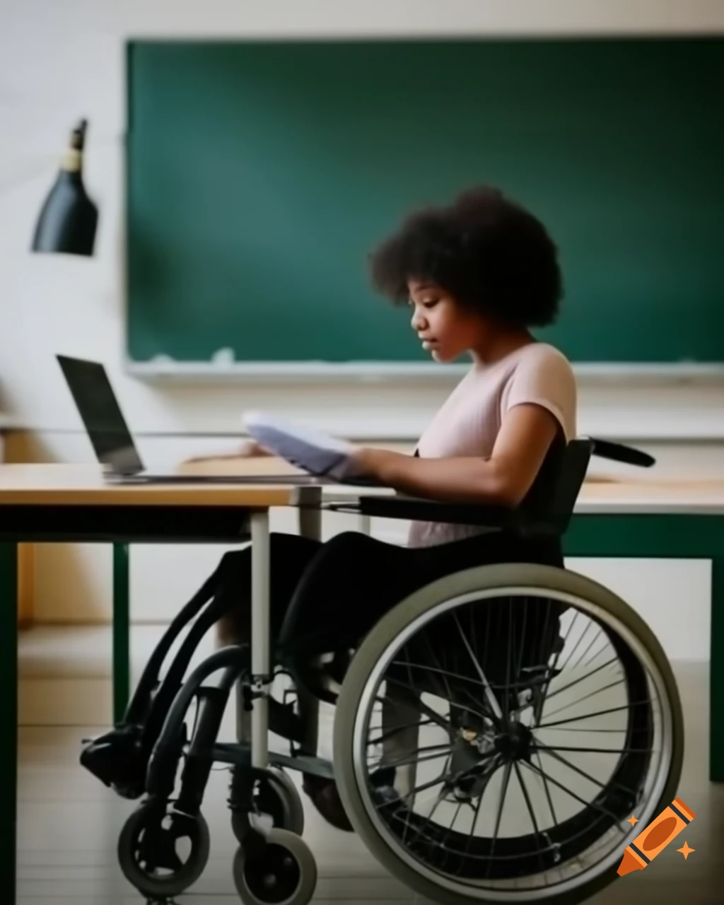 Black female student in wheelchair packing laptop and textbooks in university classroom