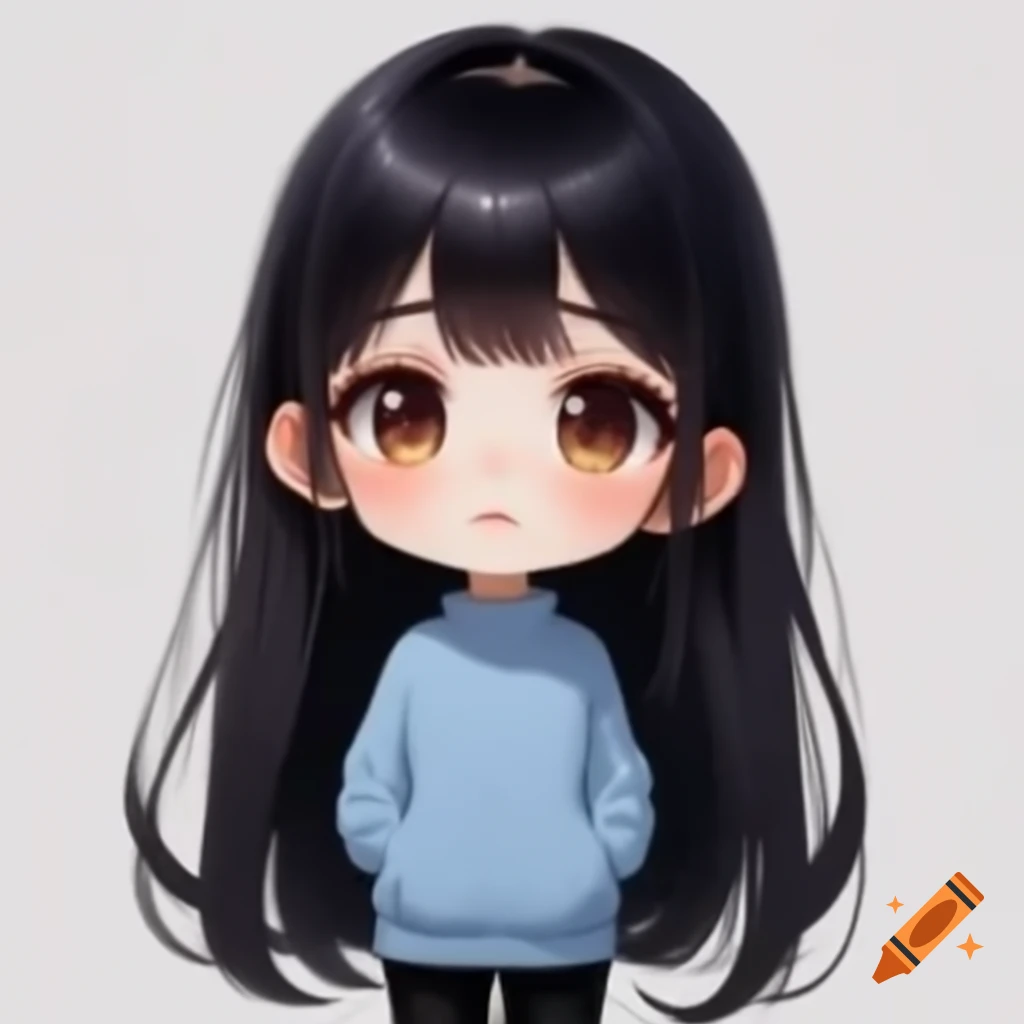 Chibi anime woman with black hair and brown eyes in light blue sweater