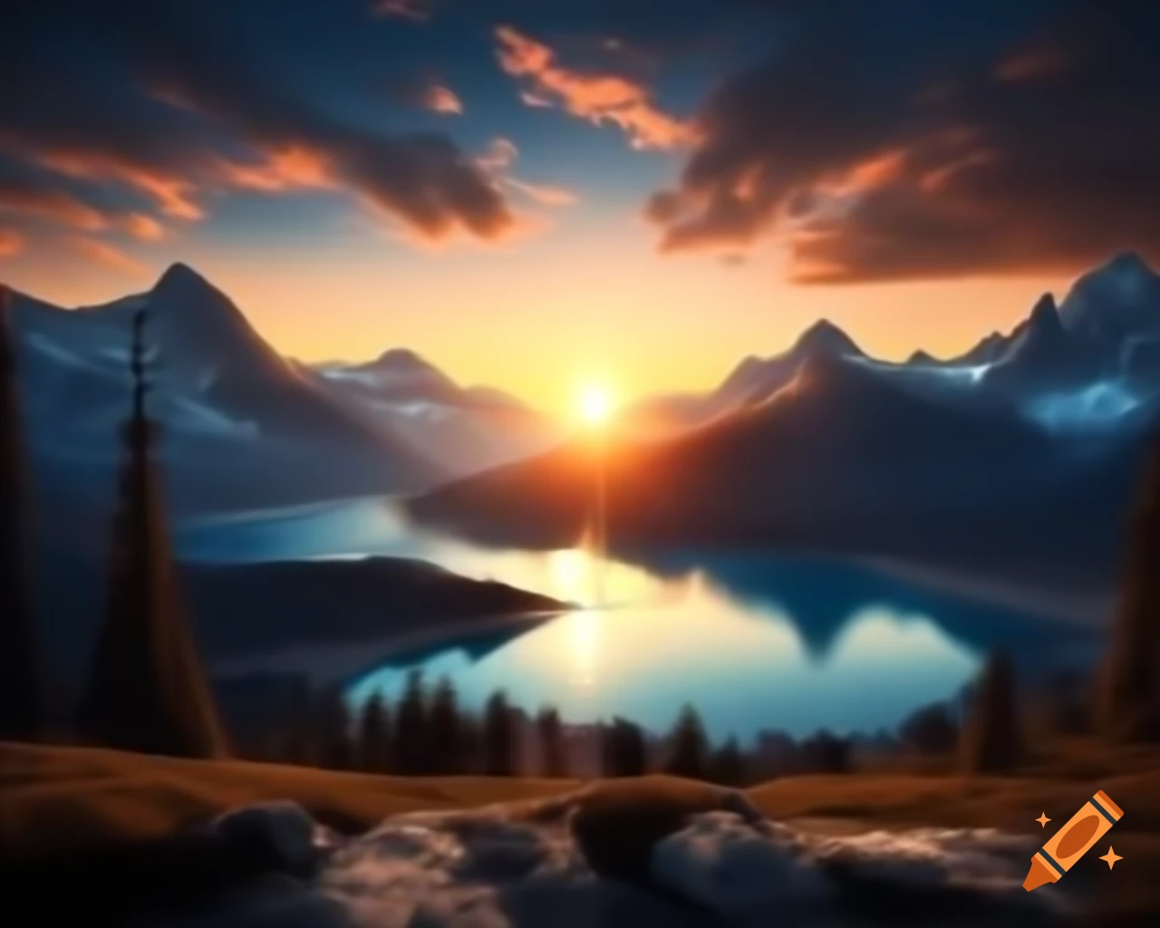 Photorealistic 3D render of mountain lake at sunset with sun rays and island
