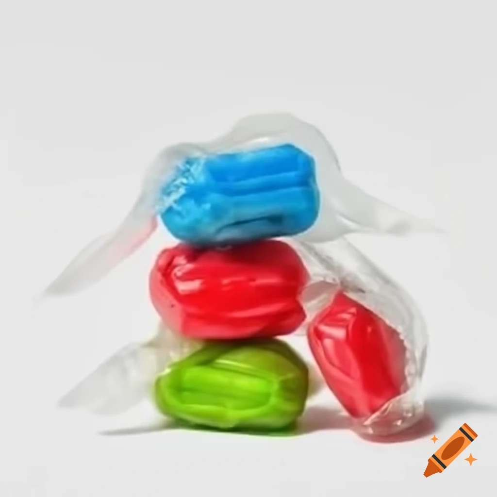 Five colorful wrapped candies on white background