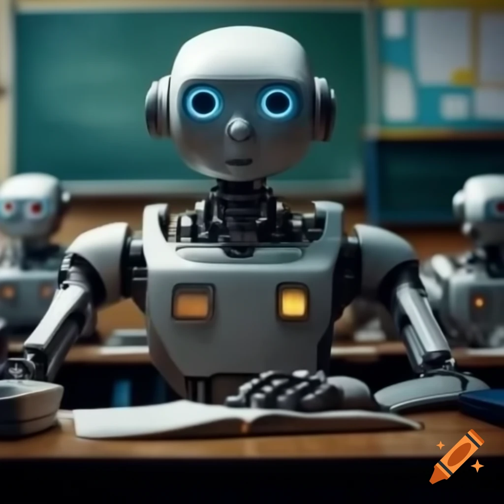 Robot teacher conducting class in a modern classroom setting