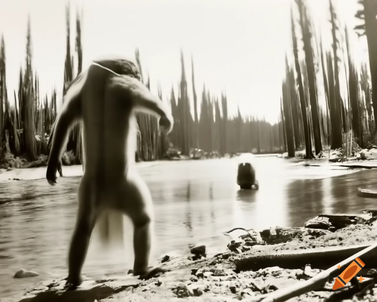Historical found footage of a dark hairy anthropoid figure walking upright