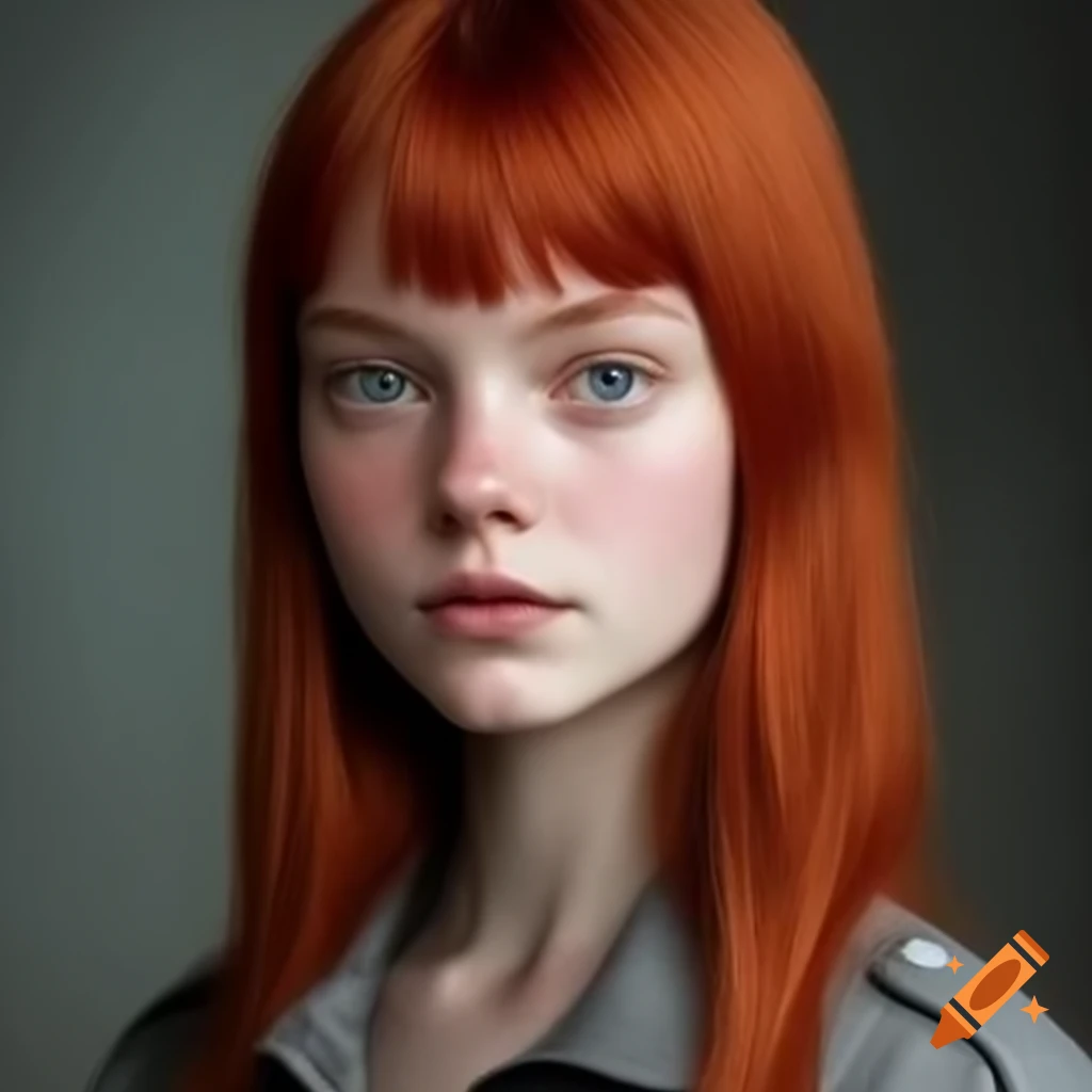 Skinny tall young woman with long red hair in grey official jacket