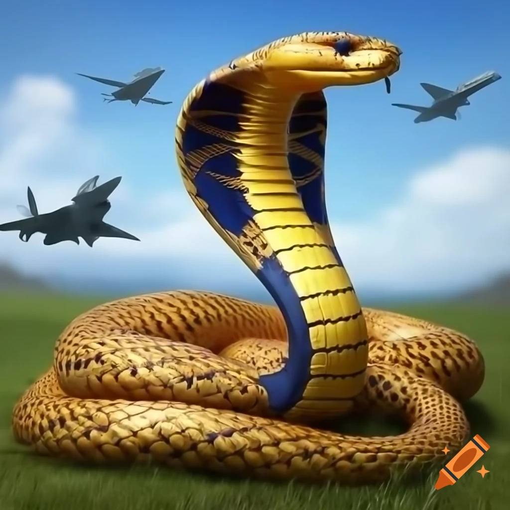 Golden cobra with blue accents resting on grassy knoll