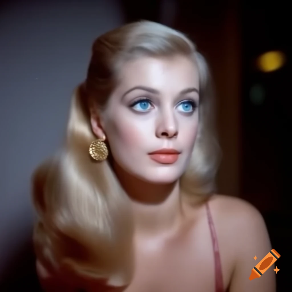 Hyper-realistic portrait of a charming European actress from 1963, with porcelain skin and wavy golden hair