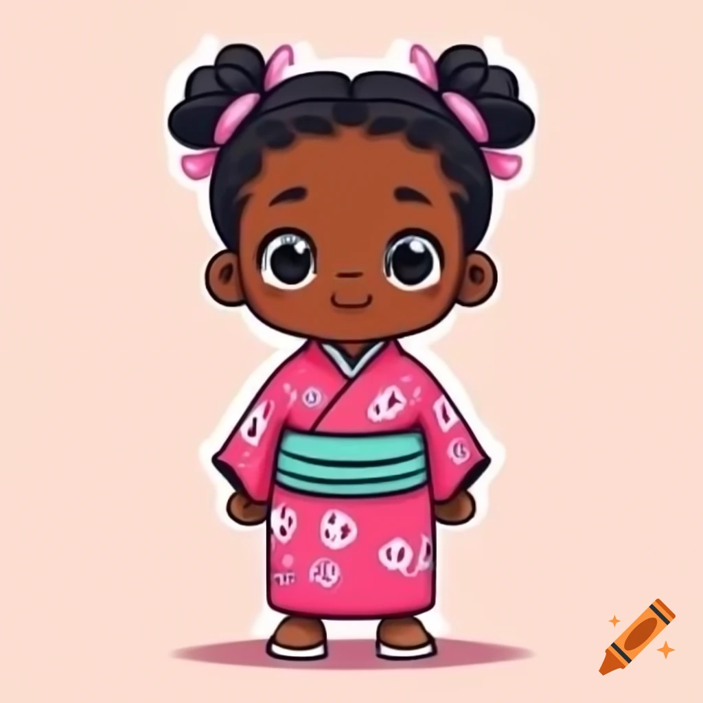Cute African girl in pink kimono, manga style drawing