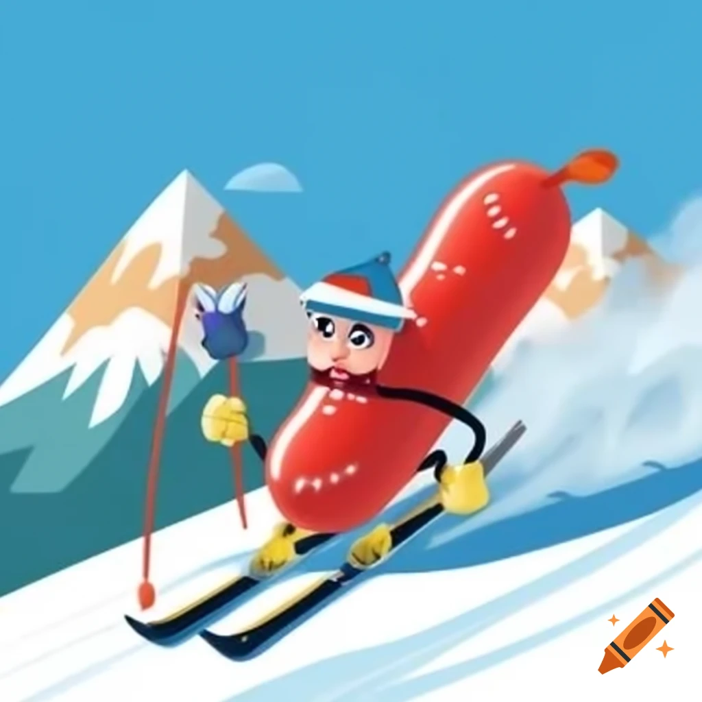 Anthropomorphic salami figure skiing down a mountain