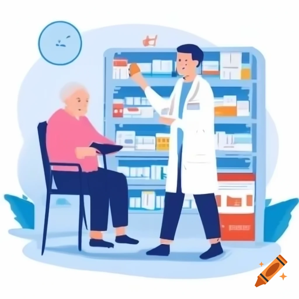 Pharmacist consulting with elderly patient about medication