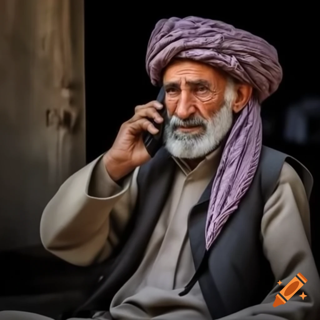 Old Afghan nomadic man with turban using smartphone