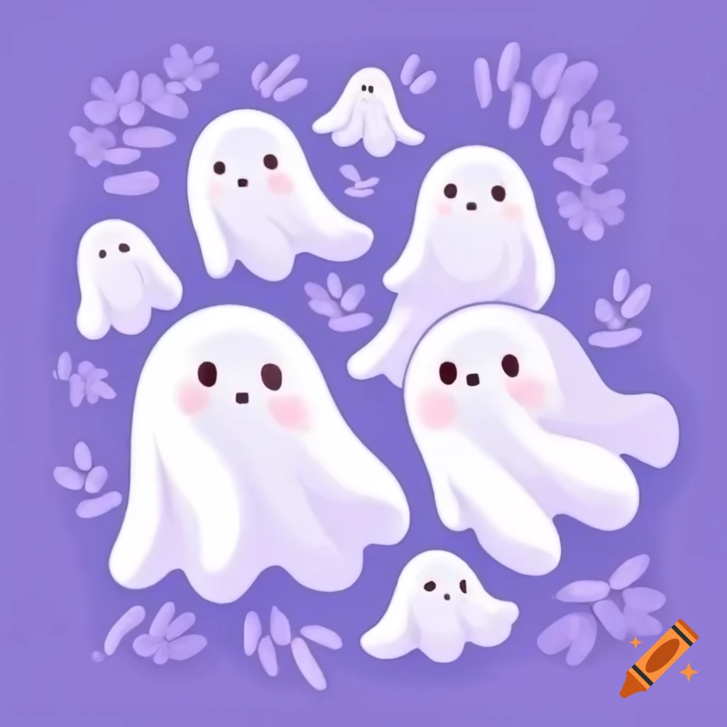 Cute ghosts with swirls on lavender background