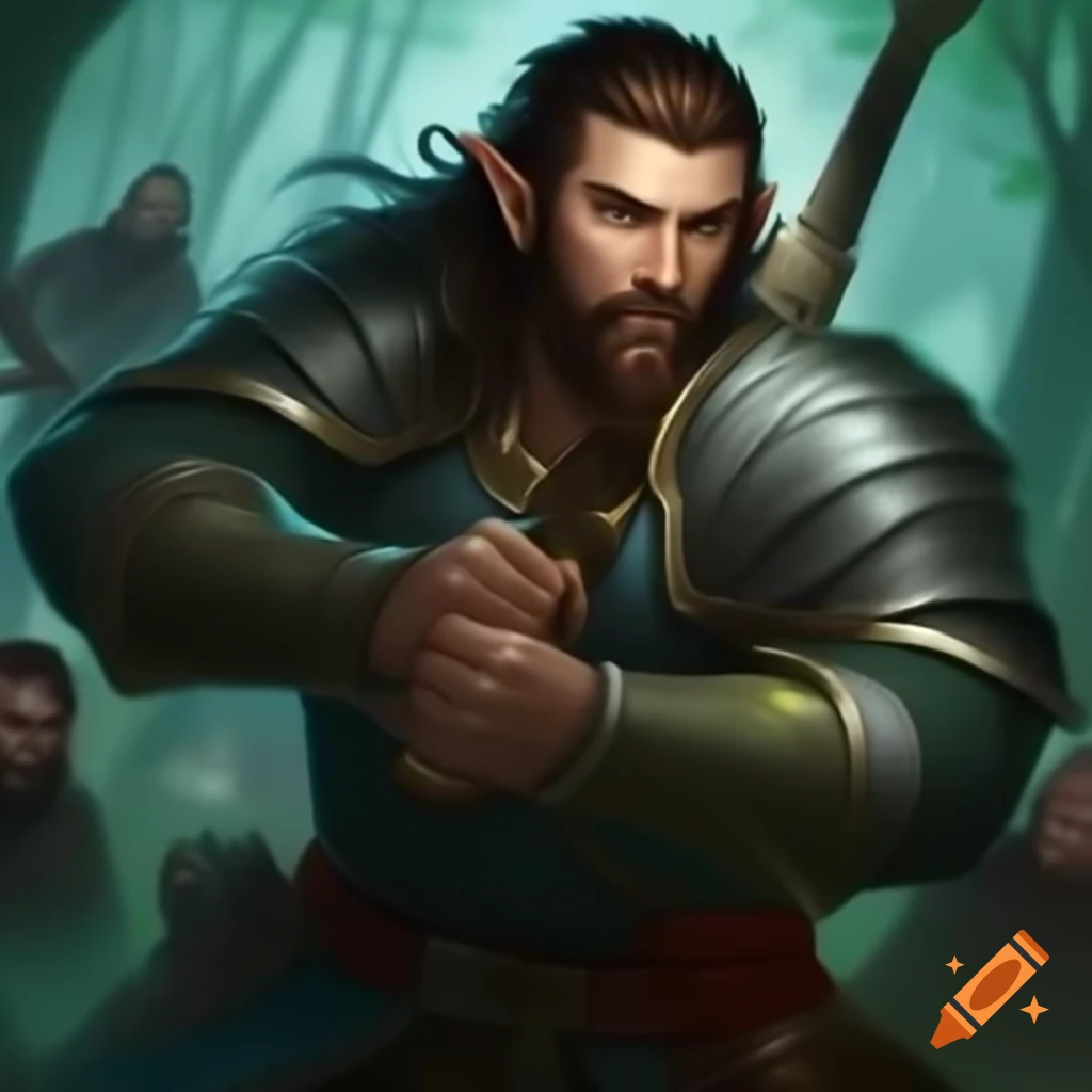 Digital art of male Half-Elf fighter Tharion Stormbreaker, muscular build and dark brown hair