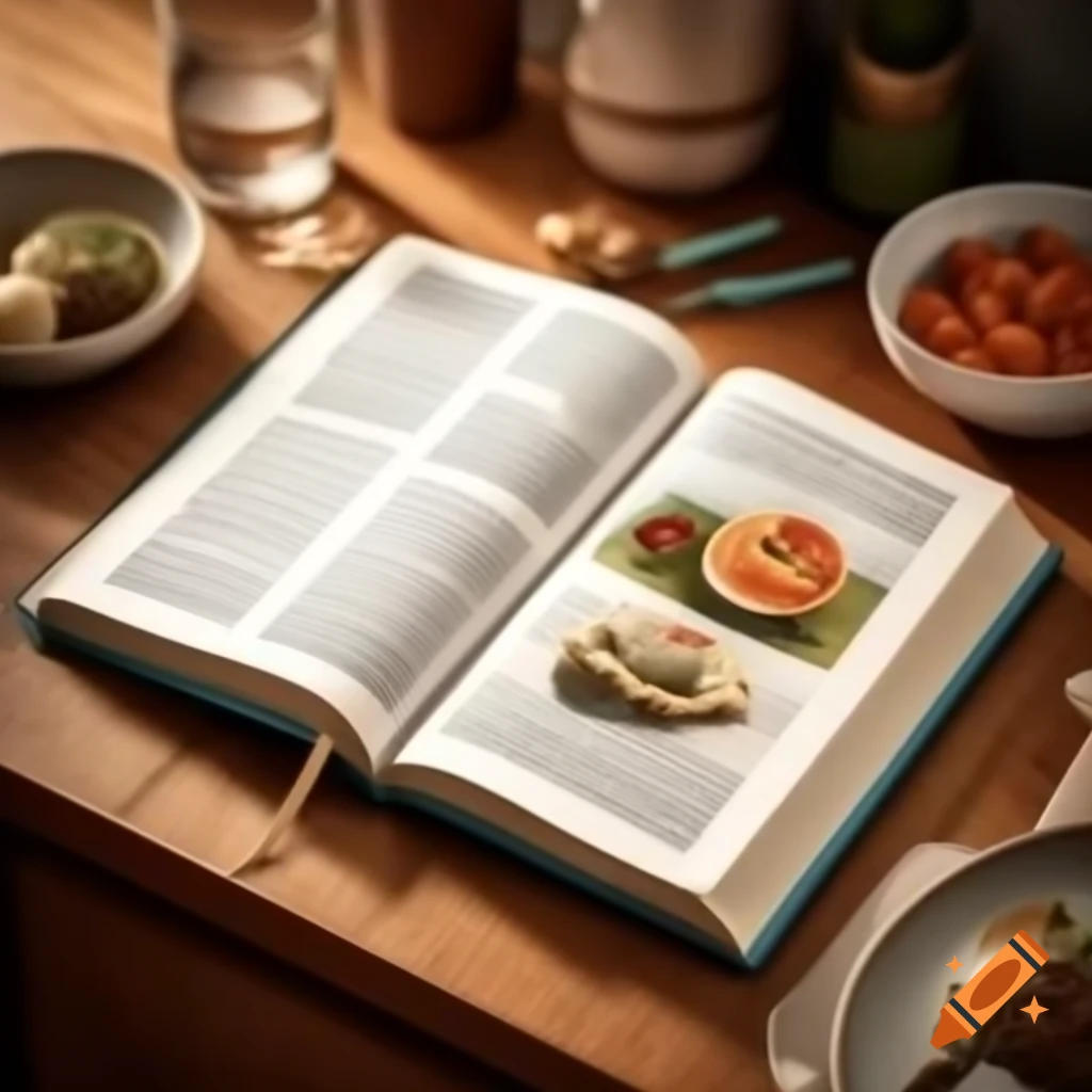Open cookbook with readable recipe text on wooden kitchen counter