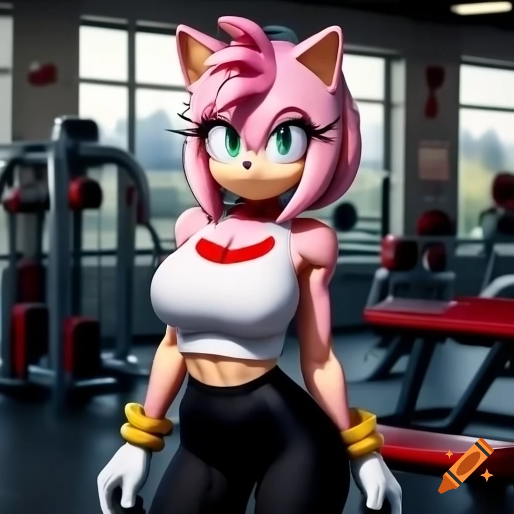 Amy Rose at the gym, back view in white top and black leggings, Sonic the Hedgehog