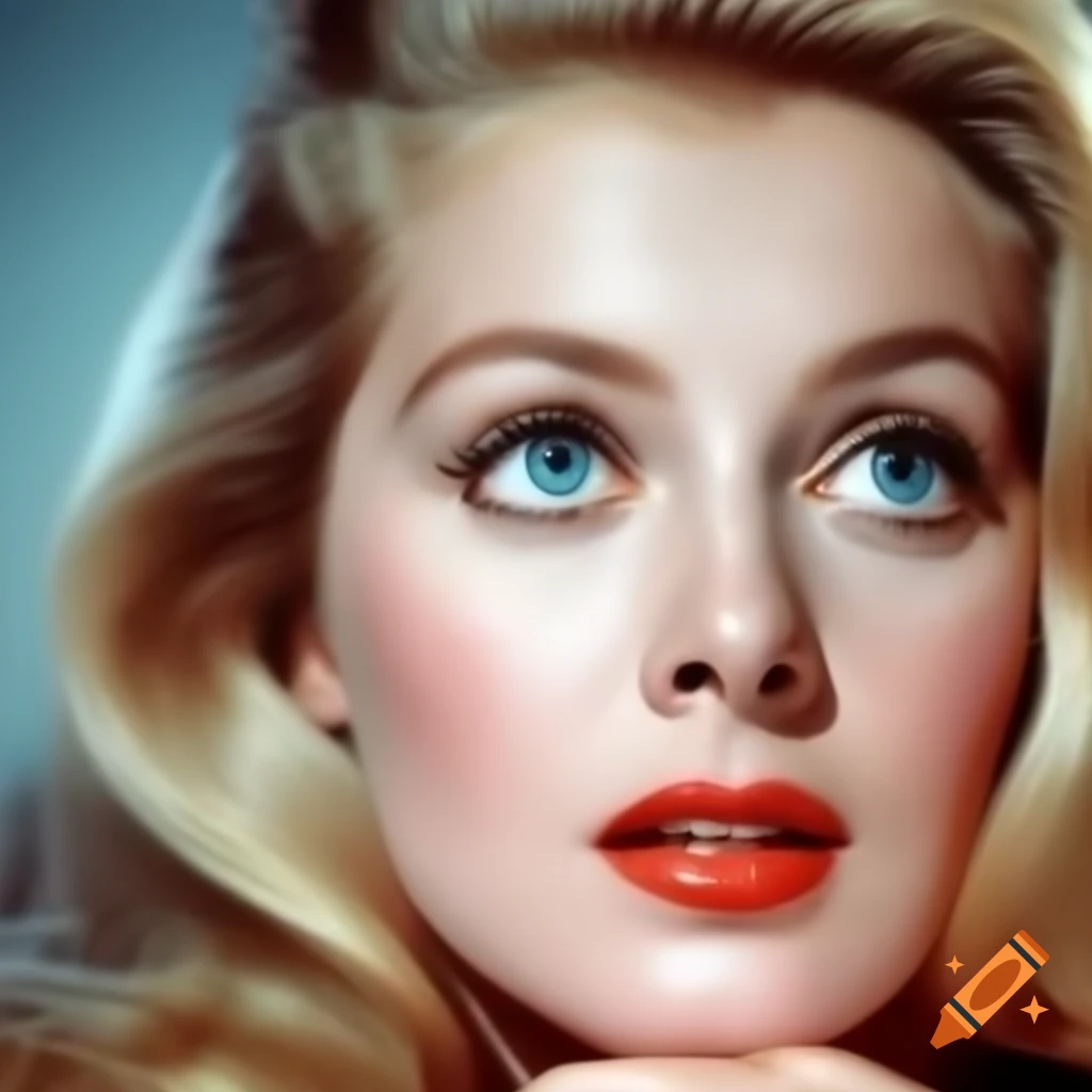 Hyper-realistic color photograph of European actress from 1963 with porcelain skin and blue eyes