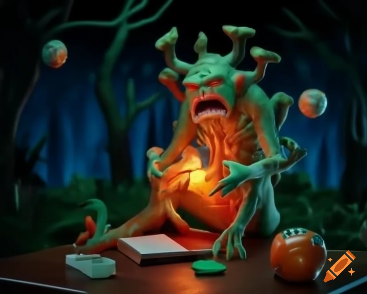 Hyper-realistic 3D tree monster with human-like teeth and fangs on wooden table surrounded by gluttony props and an orb in dark woods