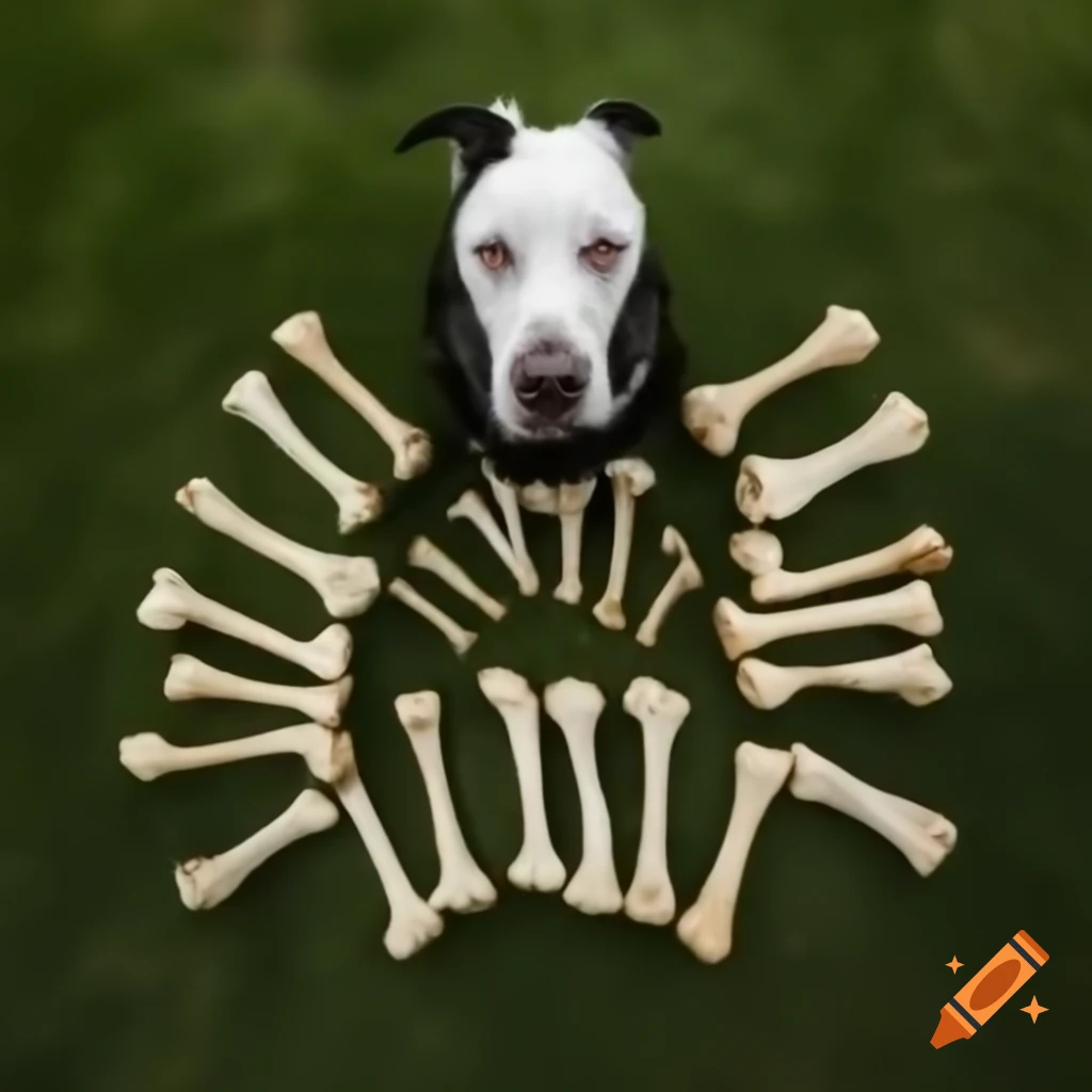 Dog sitting in yard surrounded by bones