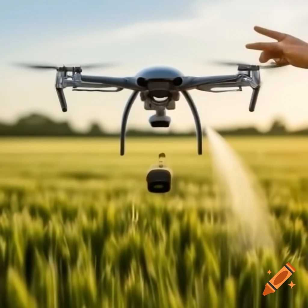 Drone applying pesticide over wheat field