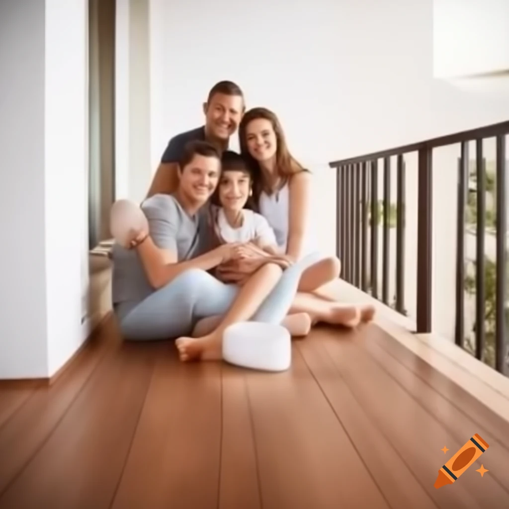 Happy family walking on wooden floor
