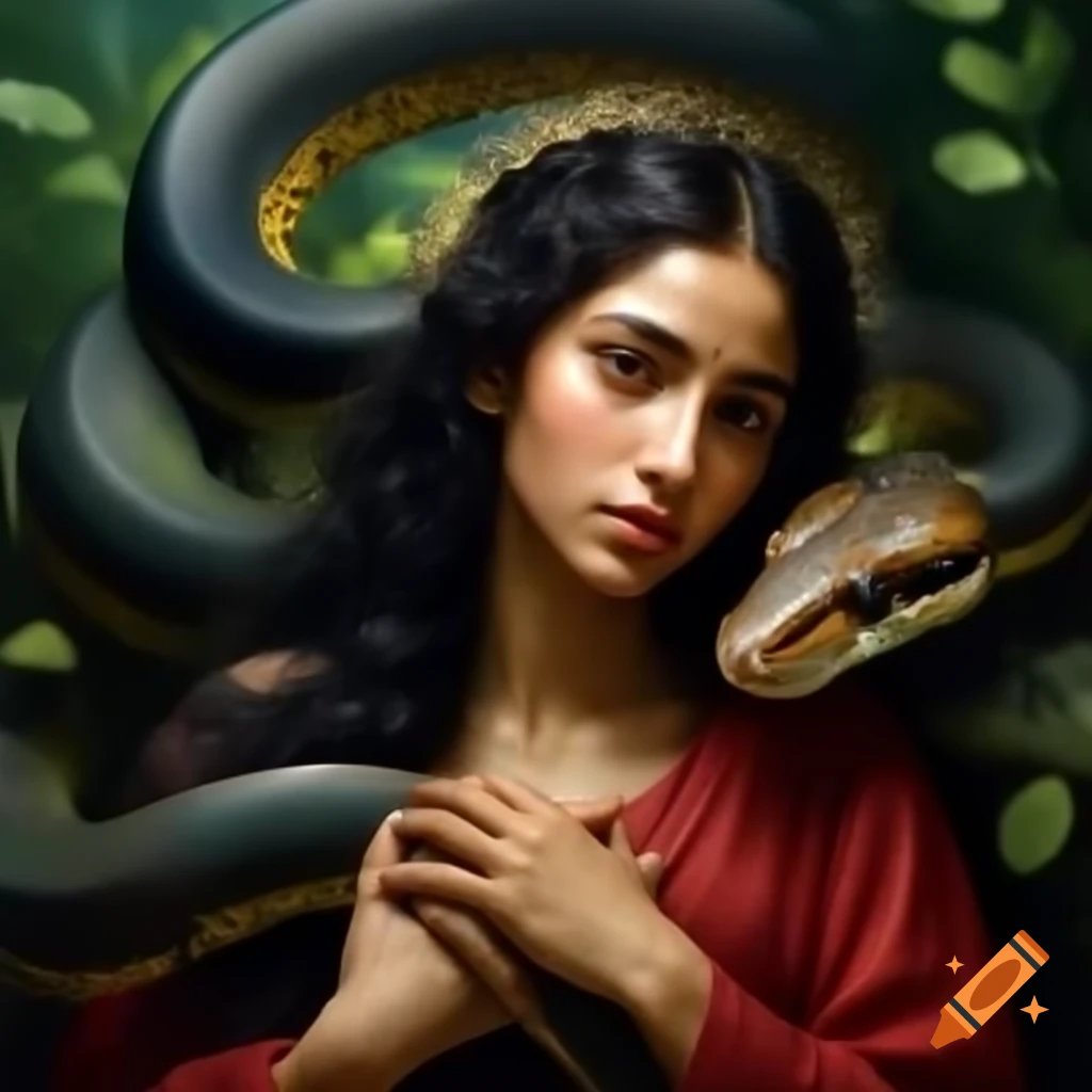Virgin Mary Magdalene with snake in lush garden, wearing blue-red attire