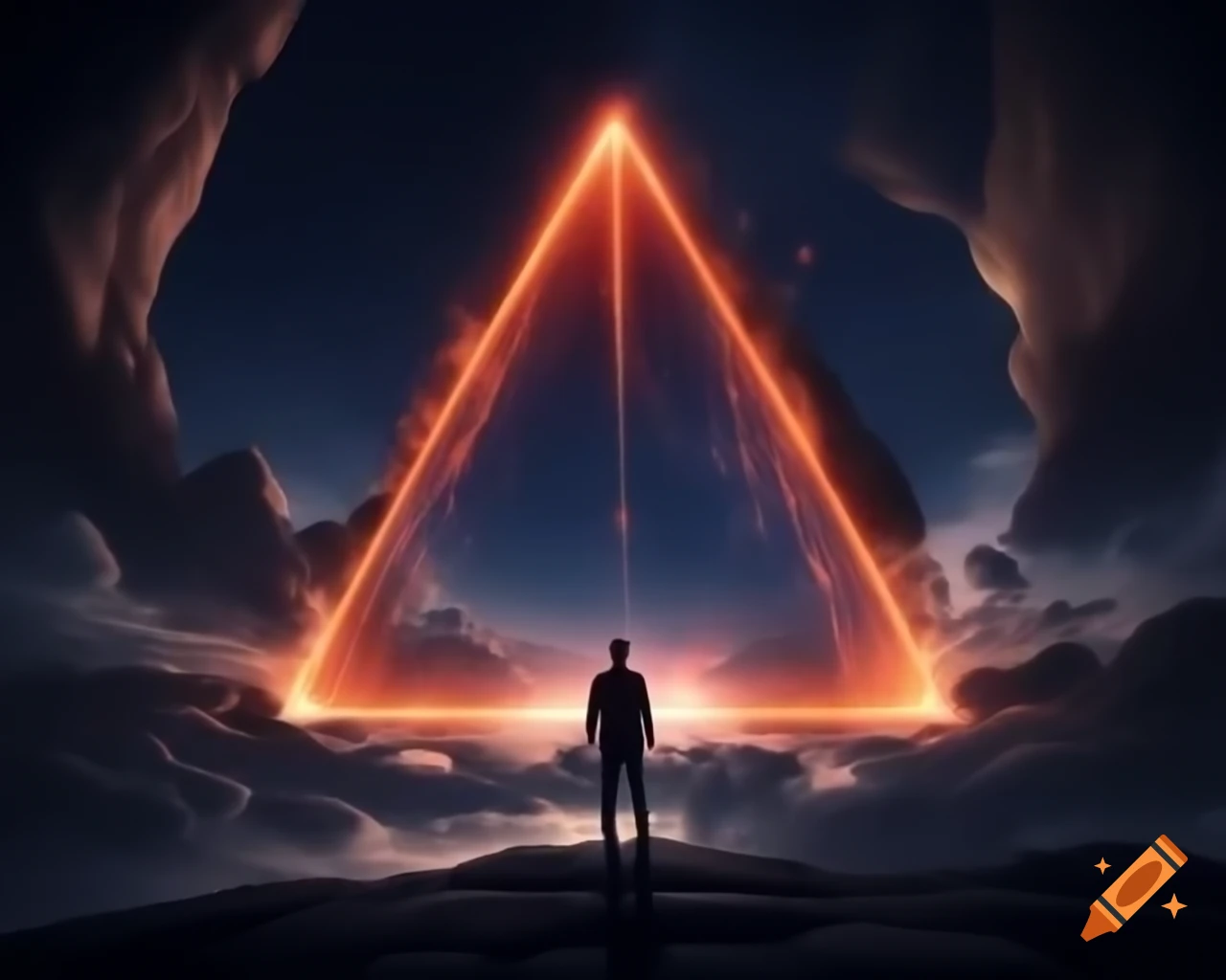 Silhouette of man at cliff edge facing giant orange plasma portal in starry night