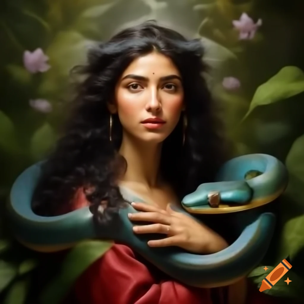 Virgin mary magdalene with snake in lush garden wearing blue red