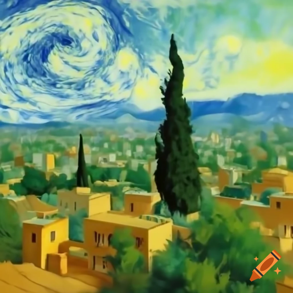 Shiraz skyline with cypress trees and vortex clouds in Van Gogh style