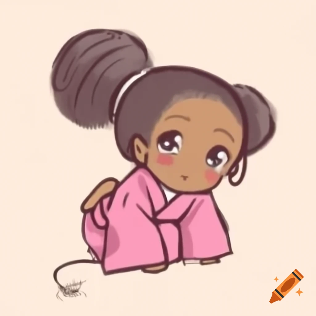 Cute African girl in pink kimono, manga style drawing