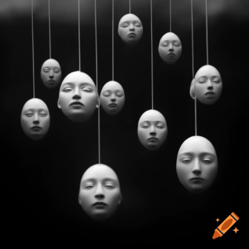 Ethereal black-and-white scene of nine floating heads with serene expressions
