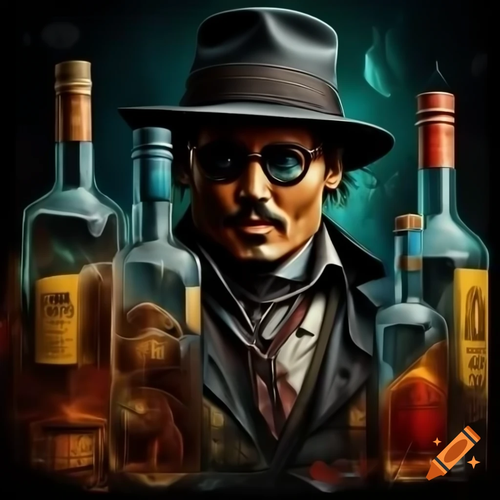 Portrait of Johnny Depp made from translucent glass alcohol bottles, intricate design