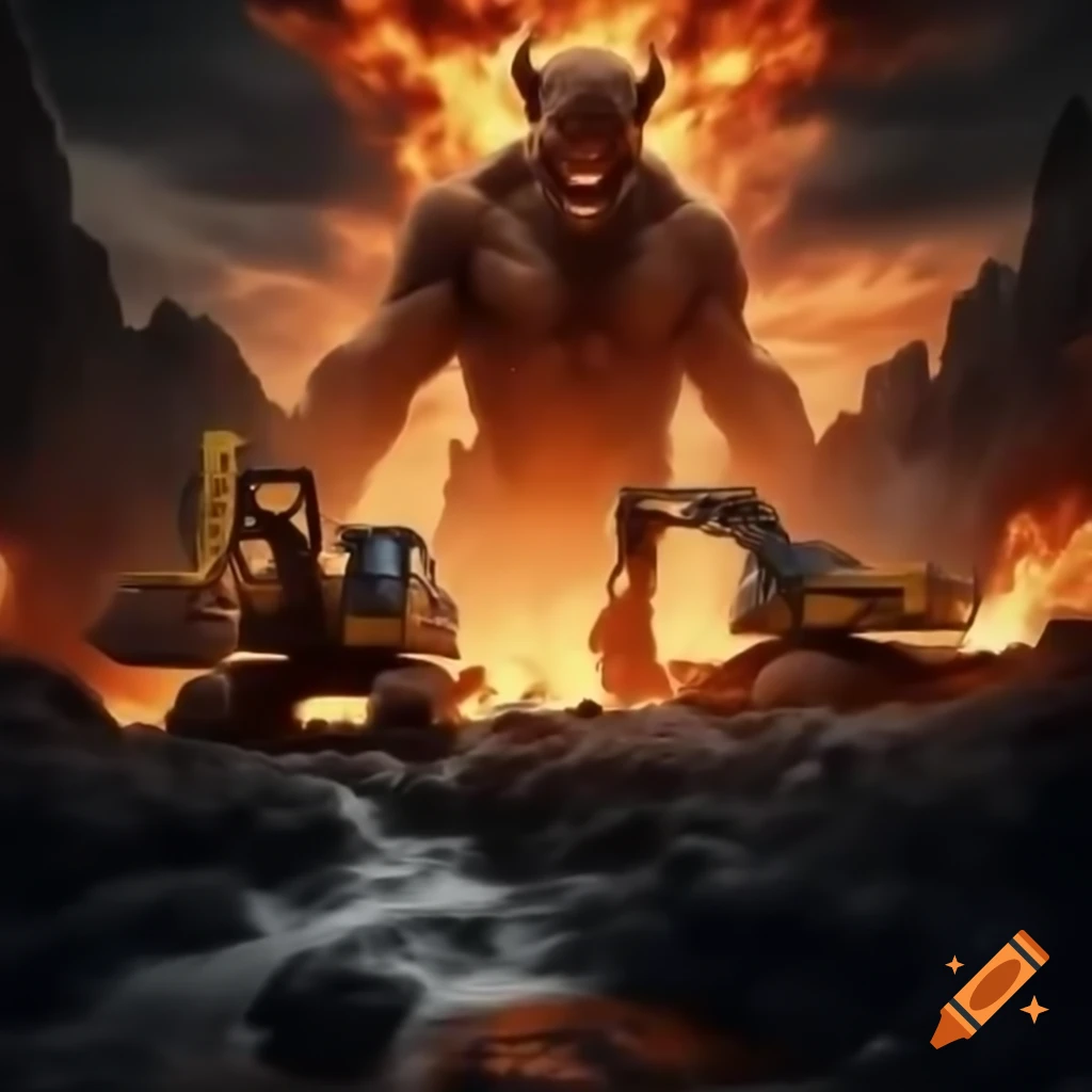 Epic battle of excavators against fire demon on lava pit bridge