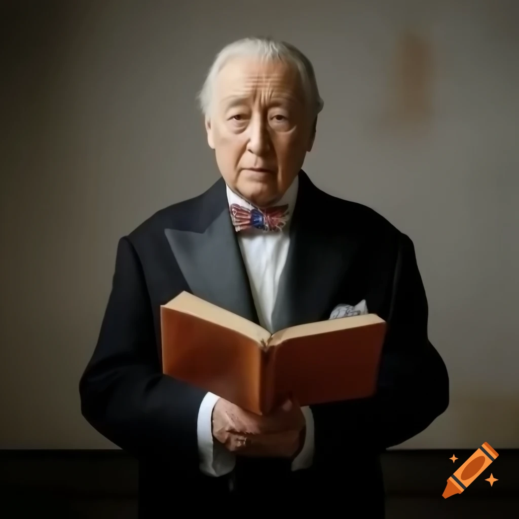 Learned gentleman in tailored suit reading a thick book in serene setting