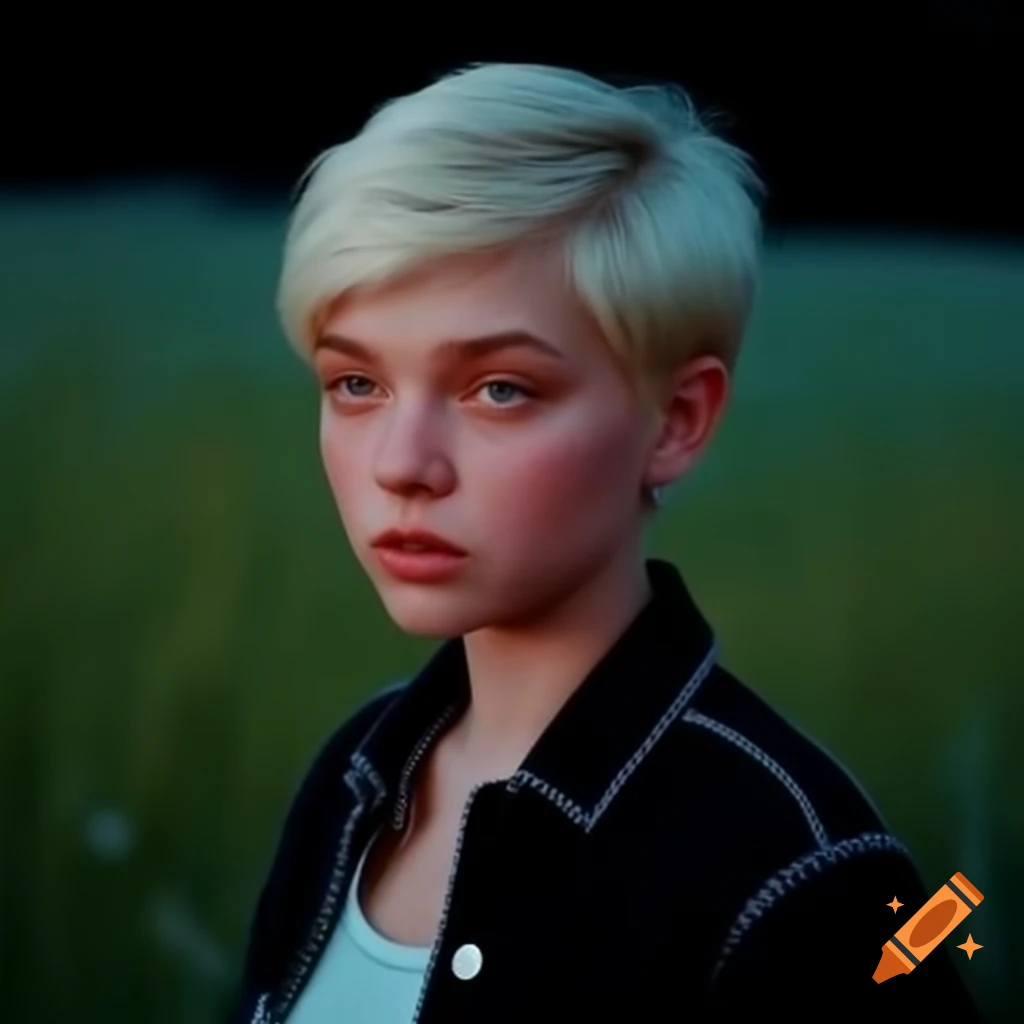 Realistic portrait of young woman with short blonde pixie haircut in black jean jacket against night field