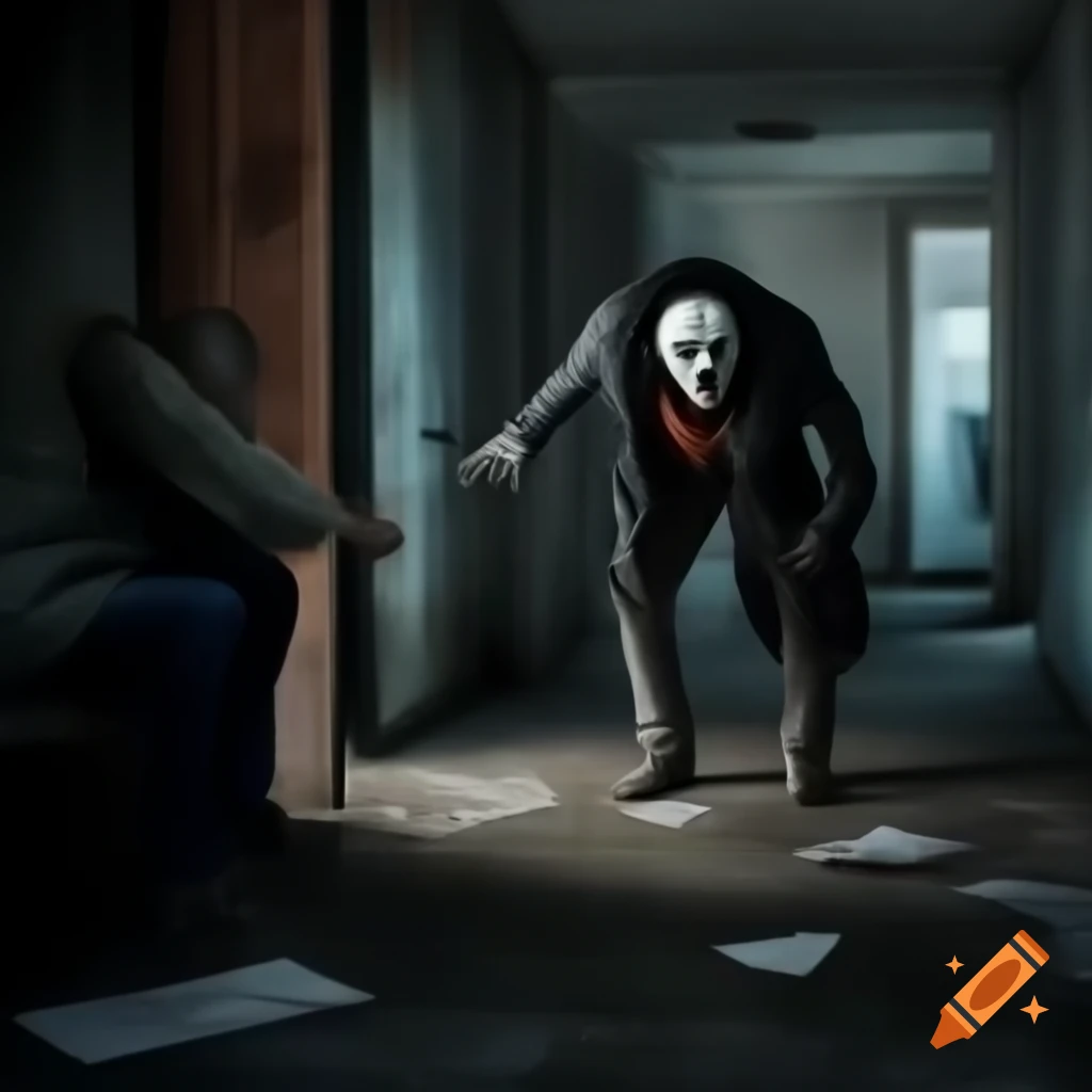 Horror ghoul in tattered clothes in abandoned hotel lobby with surprised man holding pen and papers