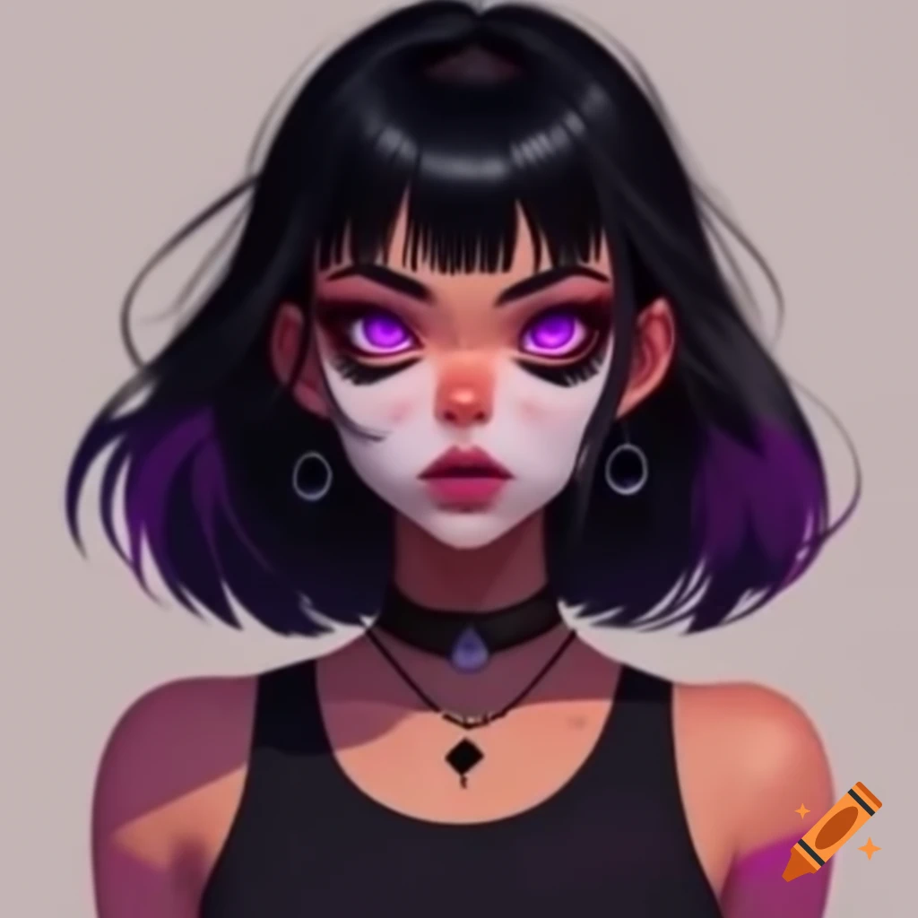 Animated American woman with black and purple hair in a purple tank top and gas mask